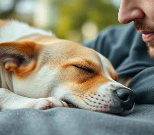 closeup photography of adult short coated tan and white dog sleeping on gray textile at daytime and a man looking at it with love