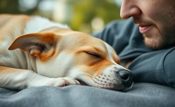 closeup photography of adult short coated tan and white dog sleeping on gray textile at daytime and a man looking at it with love