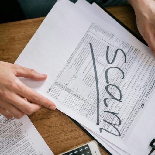 a tax form with a word scam on its face